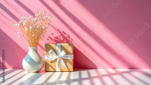 Gift box with dried flowers in vase on pink background