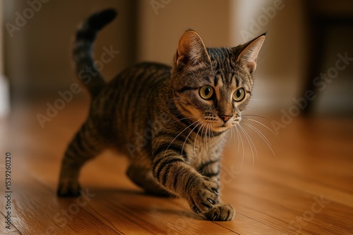 Cat playing and hunting with focused expression isolated on pristine white background for pet photography and animal behavior themes