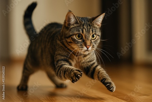 Cat playing and hunting with focused expression isolated on pristine white background for pet photography and animal behavior themes