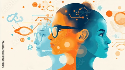 Abstract illustration of two female profiles, one orange and one blue, representing duality or connection, with technological elements overlayed.