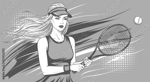Tennis girl in pop art style. Sketch drawing of a young woman playing tennis. EPS 10 version.