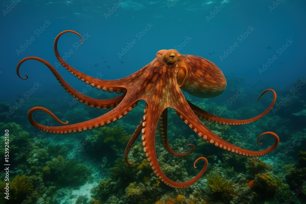 Fototapeta premium Photography of octopus in sea environment showcasing marine life underwater world with tentacles and ocean habitat for wildlife conservation themes