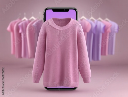 Creative pink sweater showcased on a smartphone surrounded by various pastel clothing items emphasizing modern fashion trends digital shopping experience and stylish apparel showcasing