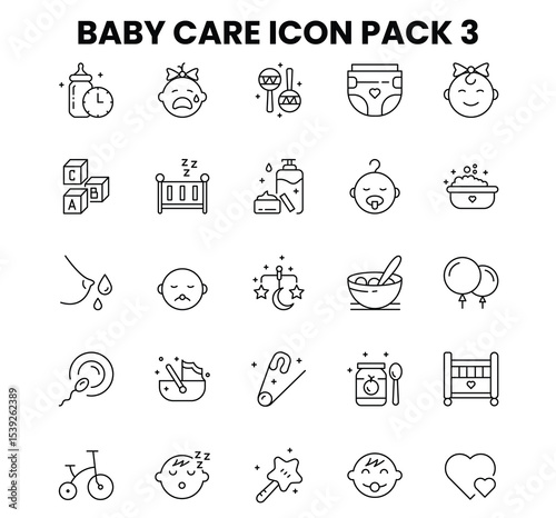 Baby Care Line Icons Set 3 – Vector Illustration of Toys, Diapers, Bottles & Stroller in Grid Layout