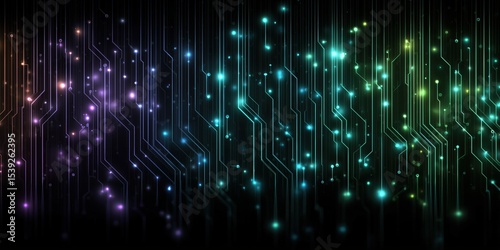 Dark Tech Grid with Multicolor Glowing Lines and Data Particles

