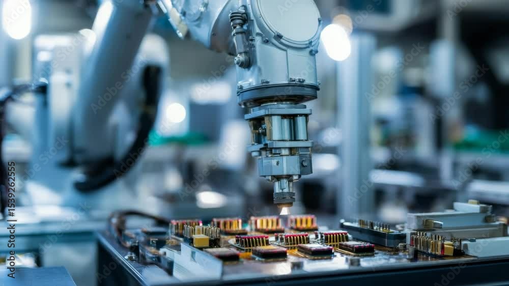 Robotic arm is engaged in precise assembly of electronic components on circuit board, showcasing advanced technology in manufacturing