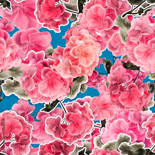 Fototapeta Naklejka Na Ścianę i Meble -  Seamless floral pattern with bold pink geraniums and green leaves on a vibrant blue background. Ideal for wrapping paper, fabric, wallpaper, decoupage, and scrapbooking projects.