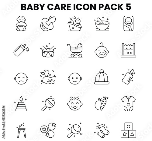 Baby Care Line Icons Set 5 – Vector Illustration of Toys, Diapers, Bottles & Stroller in Grid Layout