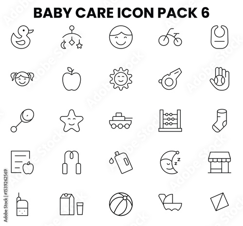 Baby Care Line Icons Set 6 – Vector Illustration of Toys, Diapers, Bottles & Stroller in Grid Layout