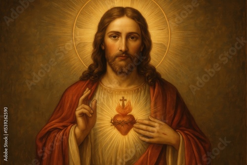 Sacred Heart of Jesus religious artwork with divine light rays and spiritual symbolism