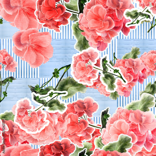 Fototapeta Naklejka Na Ścianę i Meble -  Seamless repeating pattern pink geranium flowers with white sticker outlines on a blue striped background. For scrapbooking, gift wrapping, textile design, digital papers, and decorative projects.