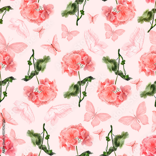 Fototapeta Naklejka Na Ścianę i Meble -  Seamless floral pattern pink geranium flowers, green leaves, and delicate butterflies on a pastel background. For packaging, fabric design, wallpapers, scrapbooking, and romantic paper crafts.