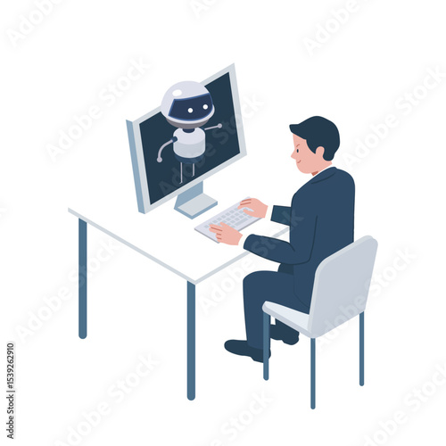 Businessman Working with AI at Office Desk – Isometric Illustration