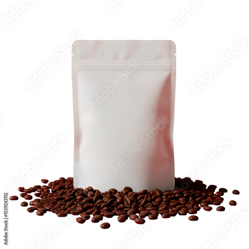 Pacote de café gourmet em branco sobre uma pilha de grãos de cafés marrons. Modelo de embalagem de café chique 