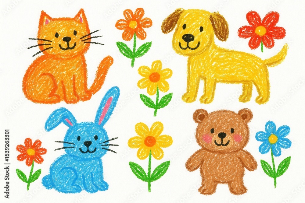 Naklejka premium Whimsical children's crayon art featuring playful animals and flowers in bright primary colors