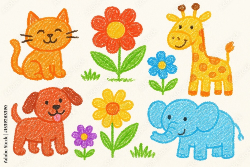Fototapeta premium Whimsical children's crayon art featuring playful animals and flowers in bright primary colors