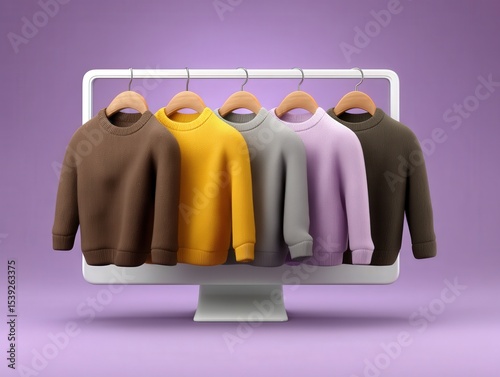 A stylish collection of colorful sweaters displayed on a modern computer monitor against a soft purple backdrop showcasing fashion and cozy textures perfect for online retail environments