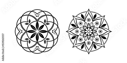 Mandala design: Geometric artistry meets spiritual balance, creating an intricate mandala design of circles and floral patterns in a minimalist monochrome style.