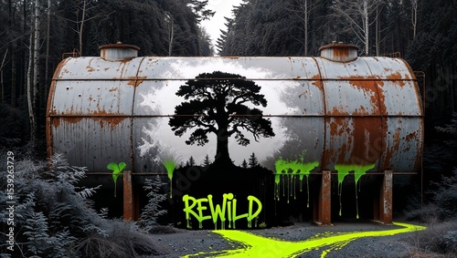 Rusty industrial tank turned ecological artwork with tree graffiti and 