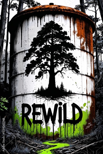 Illustration combining industrial decay and natural resilience, with a rusted reservoir, graffiti tree, and 
