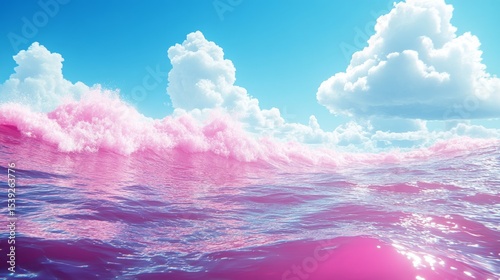 A vibrant, surreal seascape of pink waves against a sky of clouds.
