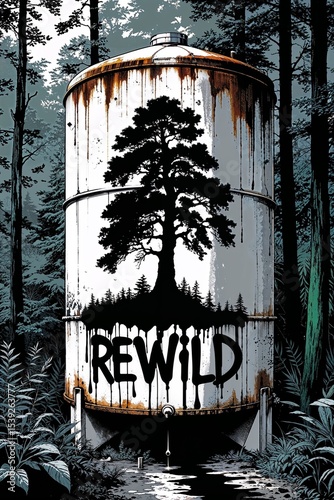 Nature-themed urban art featuring a giant rust-covered reservoir marked by graffiti of a growing tree and the quote 