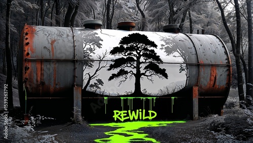 Ecological urban artwork showing a large rusty industrial reservoir with tree graffiti and the word 