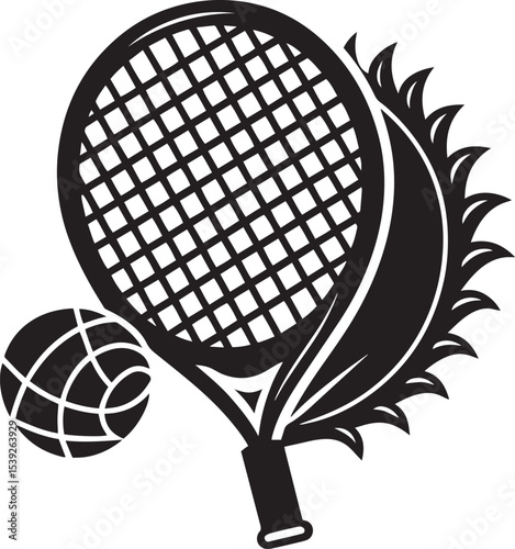 Minimalist Black and White Tennis Racket with Ball Vector