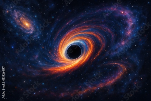 Cosmic black hole with swirling galaxy colors and astronomical phenomena visualization