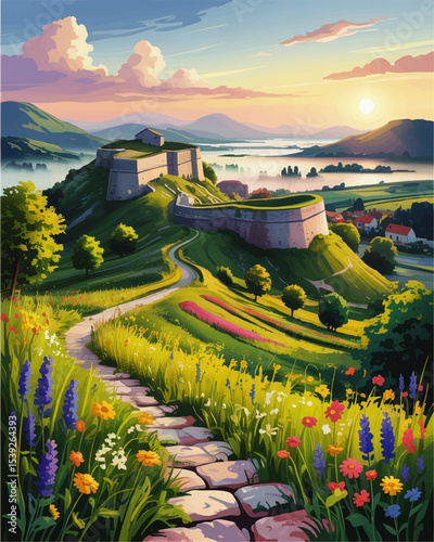 Idyllic Mountain Fortress at Sunrise with Wildflowers and Scenic Valley Path – Vibrant Nature Landscape Illustration