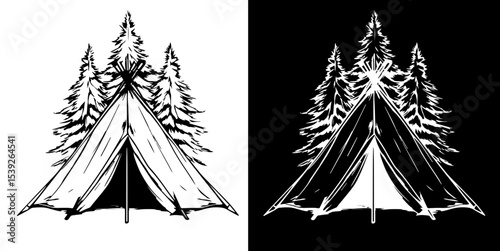 Camping tent in forest isolated on white and black background, vector illustration