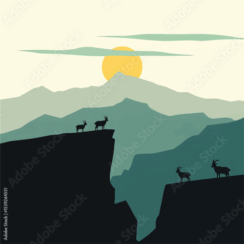 Mountain goats silhouetted against scenic sunrise landscape with layered blue mountains and dramatic sky illustration