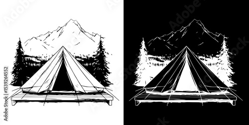 Camping tent in forest isolated on white and black background, vector illustration
