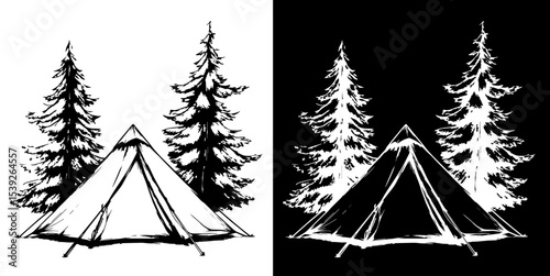 Camping tent in forest isolated on white and black background, vector illustration