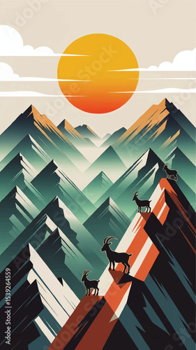 Majestic Mountain Sunrise Illustration with Wild Goats, Vibrant Geometric Peaks, and Retro Nature Landscape Art