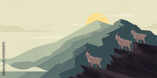 Three Mountain Goats Standing on Rocky Cliff at Sunrise, Minimalist Vector Landscape Illustration with Layered Mountains and Early Morning Sun