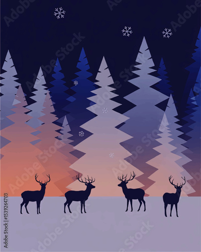 Winter Forest Sunset with Deer Silhouettes, Snowflakes, and Pine Trees – Peaceful Nature Vector Illustration for Holiday and Seasonal Design