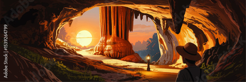 Adventurer Exploring Scenic Cave with Stalactites at Sunset – Stunning Nature Landscape Illustration for Travel and Adventure Themes
