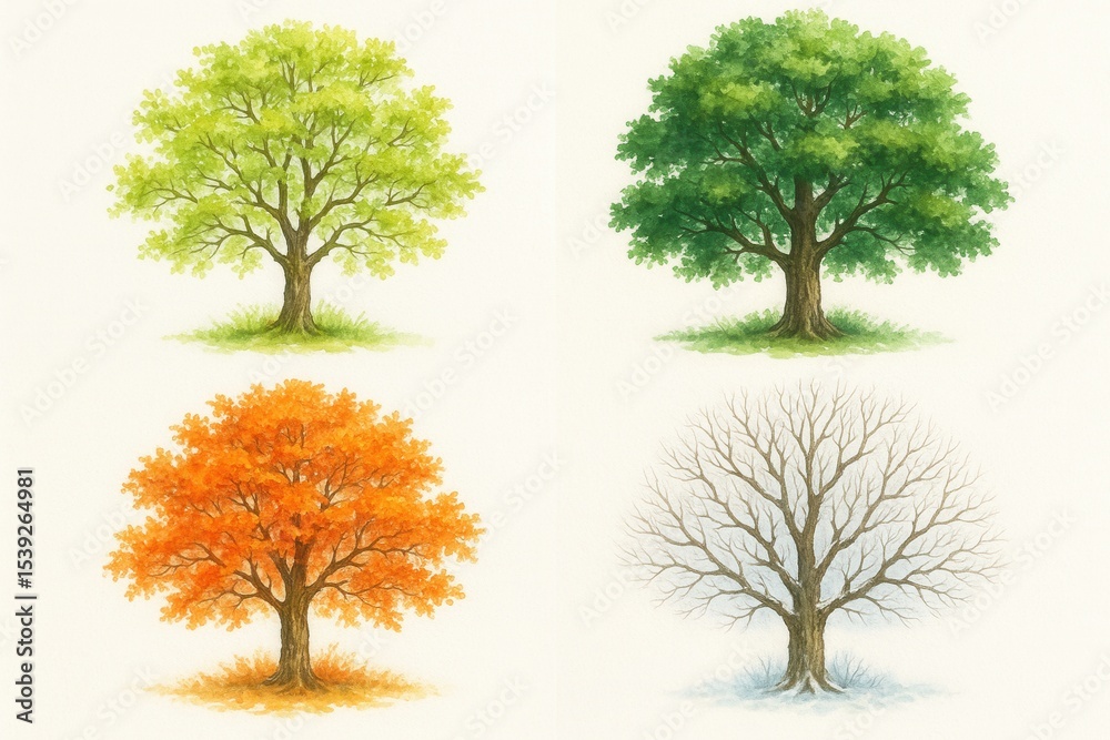 Obraz premium Watercolor tree collection featuring seasonal botanical illustrations for nature-themed design and environmental education materials