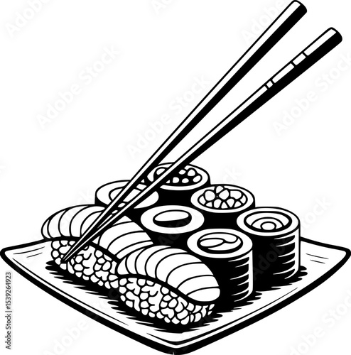 Black and White Line Art Silhouette of Traditional Sushi Platter with Chopsticks – Minimal Japanese Food Vector on White Background – Fully Contained Inside Artboard