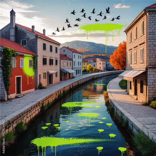 Picturesque European Canal Town at Sunset with Vibrant Neon Graffiti Art, Birds, and Mountain Landscape – Modern Urban Nature Scene