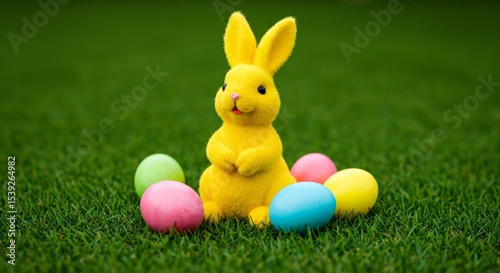 Yellow Easter Bunny Figurine with Colorful Eggs on Green Grass