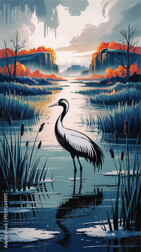 Majestic Crane in Serene Marshland at Sunset – Vibrant Autumn Wetlands Landscape Illustration with Dramatic Sky