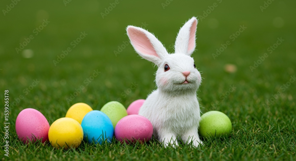 Obraz premium White Easter Bunny Figurine with Colorful Eggs on Green Grass