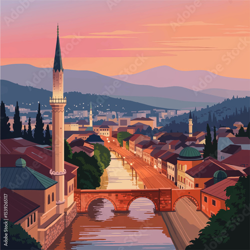 Scenic Sunset Over Sarajevo Old Town With Historic Stone Bridge, River, Minarets, and Mountain Landscape – Vibrant Vector Illustration