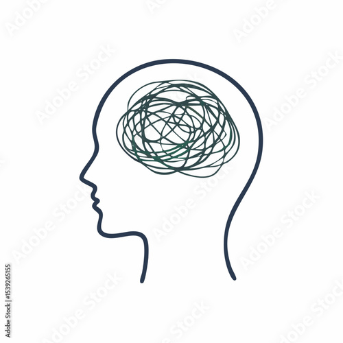 A minimal illustration of a head with tangled lines inside to represent stress, anxiety, or overthinking thoughts.