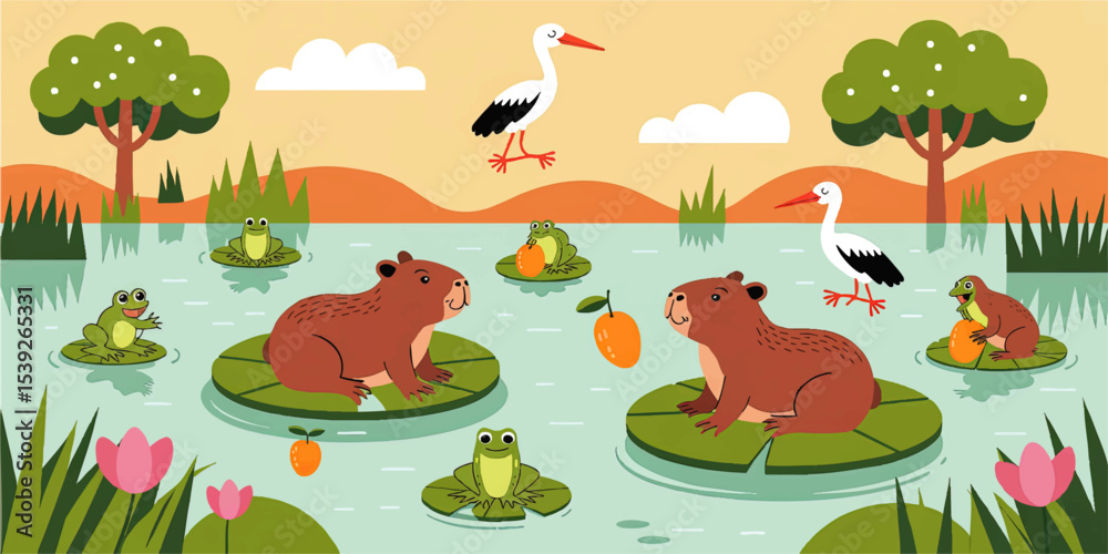Obraz premium Cute Cartoon Lake Scene with Capybaras, Frogs, Storks and Lilypads in Colorful Nature Landscape for Kids and Education