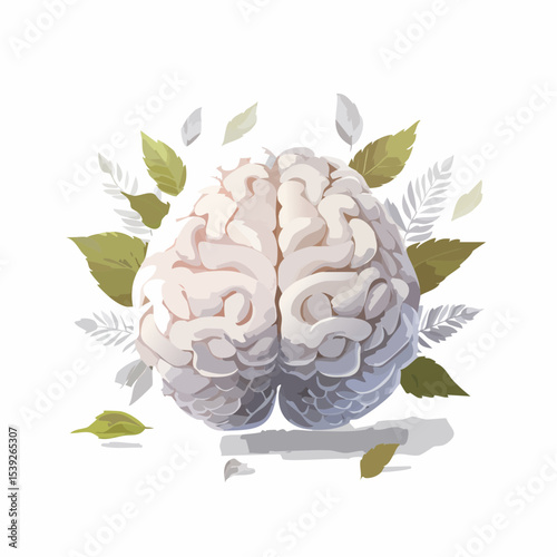 A clean vector of a calm human brain surrounded by soft falling leaves, symbolizing inner peace and mental wellness.