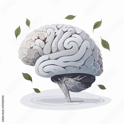 A clean vector of a calm human brain surrounded by soft falling leaves, symbolizing inner peace and mental wellness.