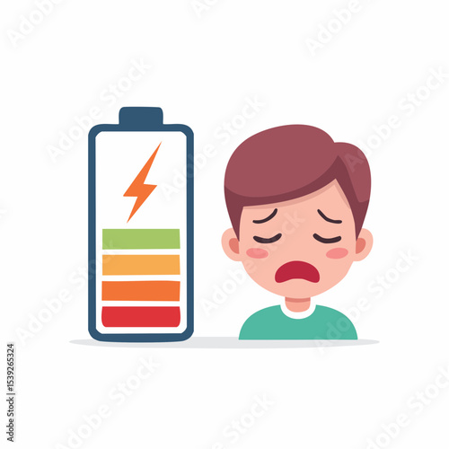 A flat vector of a low battery next to a tired human face, representing burnout or emotional exhaustion.